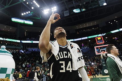 Dec 19, 2023; Milwaukee, Wisconsin, USA;  Milwaukee Bucks forward Giannis Antetokounmpo (34) celebrates following the game against the San Antonio Spurs at Fiserv Forum. Mandatory Credit: Jeff Hanisch-USA TODAY Sports