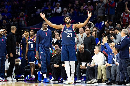 Dec 20, 2023; Philadelphia, Pennsylvania, USA; Philadelphia 76ers center Joel Embiid (21) reacts with fans after leaving the game in the closing seconds of a victory against the Minnesota Timberwolves at Wells Fargo Center. Mandatory Credit: Bill Streicher-USA TODAY Sports