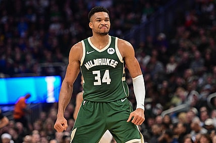 Dec 21, 2023; Milwaukee, Wisconsin, USA;  Milwaukee Bucks forward Giannis Antetokounmpo (34) reacts after scoring a basket in the second quarter against the Orlando Magic at Fiserv Forum. Mandatory Credit: Benny Sieu-USA TODAY Sports