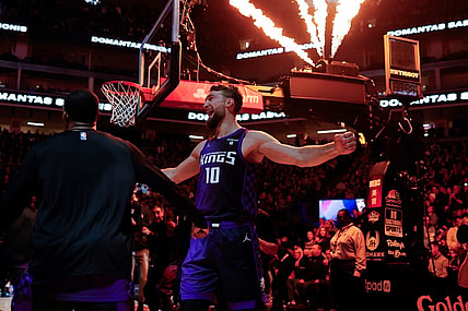 Dec 22, 2023; Sacramento, California, USA; Sacramento Kings forward Domantas Sabonis (10) during player introductions before the game against the Phoenix Suns at Golden 1 Center. Mandatory Credit: Sergio Estrada-USA TODAY Sports