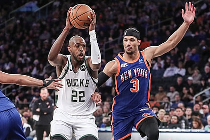 Dec 23, 2023; New York, New York, USA;  Milwaukee Bucks forward Khris Middleton (22) looks to drive past New York Knicks guard Josh Hart (3) in the fourth quarter at Madison Square Garden. Mandatory Credit: Wendell Cruz-USA TODAY Sports