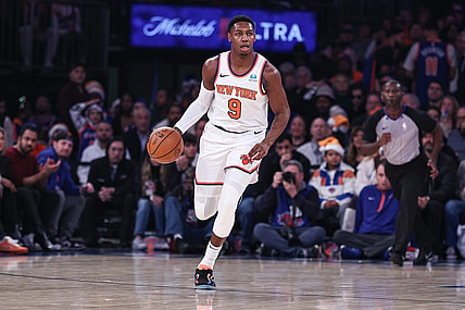 Dec 25, 2023; New York, New York, USA; New York Knicks guard RJ Barrett (9) dribbles up court during the first quarter against the Milwaukee Bucks at Madison Square Garden. Mandatory Credit: Vincent Carchietta-USA TODAY Sports