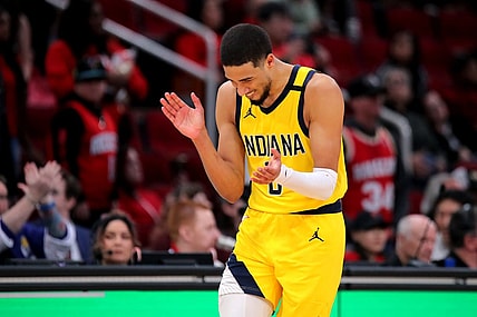 Dec 26, 2023; Houston, Texas, USA; Indiana Pacers guard Tyrese Haliburton (0) reacts in the final seconds against the Houston Rockets during the fourth quarter at Toyota Center. Mandatory Credit: Erik Williams-USA TODAY Sports