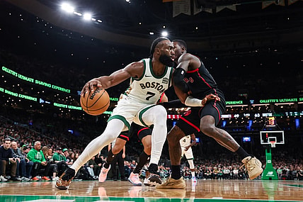 Dec 29, 2023; Boston, Massachusetts, USA; Boston Celtics forward Jaylen Brown (7) drives to the basket during the first half against the Toronto Raptors at TD Garden. Mandatory Credit: Paul Rutherford-USA TODAY Sports