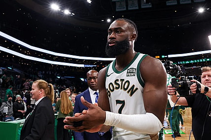 Dec 29, 2023; Boston, Massachusetts, USA; Boston Celtics forward Jaylen Brown (7) reacts after defeating the Toronto Raptors at TD Garden. Mandatory Credit: Paul Rutherford-USA TODAY Sports