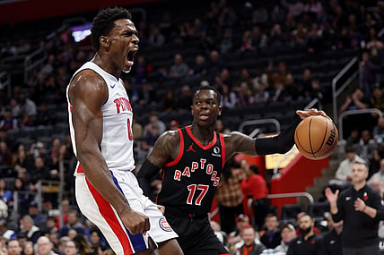 Dec 30, 2023; Detroit, Michigan, USA; Detroit Pistons center Jalen Duren (0) celebrates after he dunks in the first half against the Toronto Raptors at Little Caesars Arena. Mandatory Credit: Rick Osentoski-USA TODAY Sports
