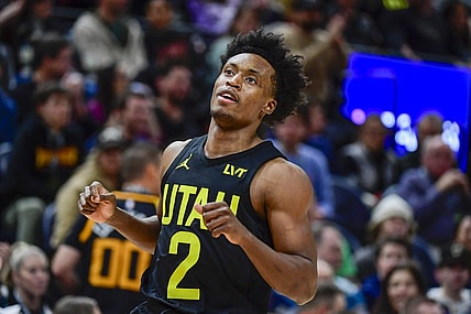 Dec 31, 2022; Salt Lake City, Utah, USA; Utah Jazz guard Collin Sexton (2) runs down court against the Miami Heat during the second half at Vivint Arena. Mandatory Credit: Christopher Creveling-USA TODAY Sports