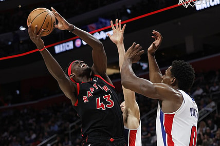 Dec 30, 2023; Detroit, Michigan, USA;  Toronto Raptors forward Pascal Siakam (43) shoots on Detroit Pistons center Jalen Duren (0) in the second half at Little Caesars Arena. Mandatory Credit: Rick Osentoski-USA TODAY Sports