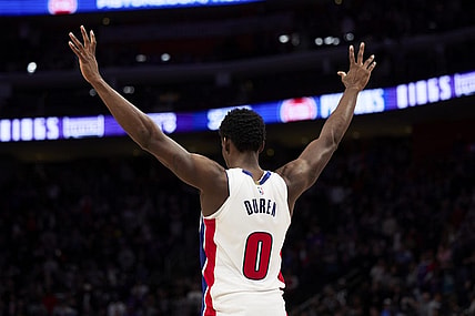 Dec 30, 2023; Detroit, Michigan, USA;  Detroit Pistons center Jalen Duren (0) celebrates in the second half against the Toronto Raptors at Little Caesars Arena. Mandatory Credit: Rick Osentoski-USA TODAY Sports
