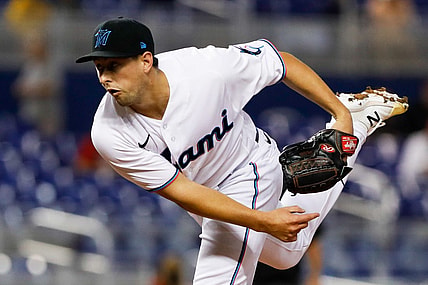 Jun 24, 2021; Miami, Florida, USA; Miami Marlins starting pitcher Cody Poteet (72) delivers a pitch during the first inning against the Miami Marlins at loanDepot Park. Mandatory Credit: Sam Navarro-USA TODAY Sports