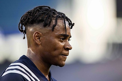 Jun 23, 2021; Foxborough, Massachusetts, USA; New England Revolution defender Dejuan Jones (24) reacts against the New York Red Bulls at Gillette Stadium. Mandatory Credit: Paul Rutherford-USA TODAY Sports