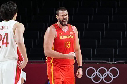 Jul 26, 2021; Saitama, Japan; Team Spain centre Marc Gasol (13) reacts after a play against Japan during the third quarter in men's basketball Group C play during the Tokyo 2020 Olympic Summer Games at Saitama Super Arena. Mandatory Credit: Kyle Terada-USA TODAY Sports