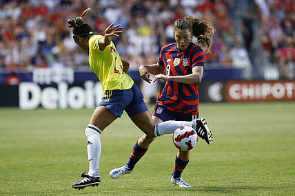 Jun 28, 2022; Sandy, Utah, USA; Columbia forward Elexa Bahr (23) and USA defender Sofia Huerta (8) battle in the first half during an international friendly soccer match at Rio Tinto Stadium. Mandatory Credit: Jeffrey Swinger-USA TODAY Sports