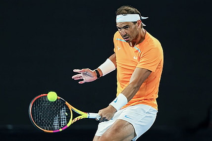 Jan 18, 2023; Melbourne, VICTORIA, Australia; Rafael Nadal during his second round match against Mackenzie Mcdonald on day three of the 2023 Australian Open tennis tournament at Melbourne Park. Mandatory Credit: Mike Frey-USA TODAY Sports