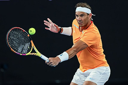 Jan 18, 2023; Melbourne, VICTORIA, Australia; Rafael Nadal during his second round match against Mackenzie Mcdonald on day three of the 2023 Australian Open tennis tournament at Melbourne Park. Mandatory Credit: Mike Frey-USA TODAY Sports