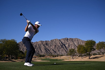 Jan 21, 2023; La Quinta, California, USA; Scottie Scheffler plays his shot from the third tee during the third round of The American Express golf tournament at Pete Dye Stadium Course. Mandatory Credit: Orlando Ramirez-USA TODAY Sports