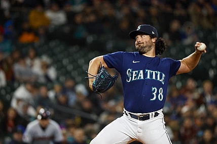 Mar 31, 2023; Seattle, Washington, USA; Seattle Mariners starting pitcher Robbie Ray (38) throws against the Cleveland Guardians during the first inningat T-Mobile Park. Mandatory Credit: Joe Nicholson-USA TODAY Sports