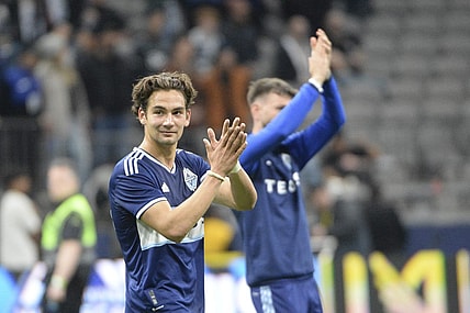 Apr 1, 2023; Vancouver, British Columbia, CAN;  Vancouver Whitecaps FC forward Simon Becher (29) celebrates the win over the CF Montreal after the second half at BC Place. Mandatory Credit: Anne-Marie Sorvin-USA TODAY Sports