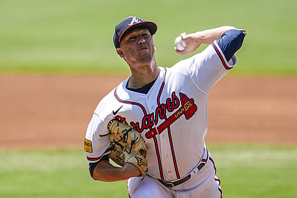Jun 28, 2023; Cumberland, Georgia, USA; Atlanta Braves starting pitcher Kolby Allard (49) pitches against the Minnesota Twins during the first inning at Truist Park. Mandatory Credit: Dale Zanine-USA TODAY Sports