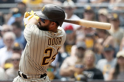 Jun 29, 2023; Pittsburgh, Pennsylvania, USA; San Diego Padres right fielder Rougned Odor (24) hits a single against the Pittsburgh Pirates during the second inning at PNC Park. Mandatory Credit: Charles LeClaire-USA TODAY Sports