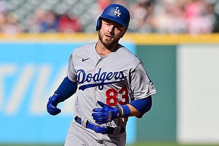 Aug 24, 2023; Cleveland, Ohio, USA; Los Angeles Dodgers designated hitter Michael Busch (83) rounds the bases after hitting a home run during the fourth inning against the Cleveland Guardians at Progressive Field. Mandatory Credit: Ken Blaze-USA TODAY Sports