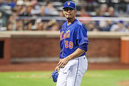 Aug 26, 2023; New York City, New York, USA;  New York Mets starting pitcher Carlos Carrasco (59) at Citi Field. Mandatory Credit: Wendell Cruz-USA TODAY Sports
