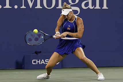 Sep 2, 2023; Flushing, NY, USA; Marketa Vondrusova of Czech Republic hits a backhand against Ekaterina Alexandrova (not pictured) on day six of the 2023 U.S. Open tennis tournament at USTA Billie Jean King National Tennis Center. Mandatory Credit: Geoff Burke-USA TODAY Sports