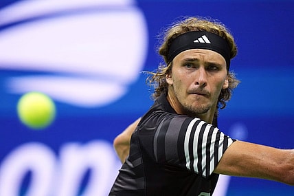 Sep 6, 2023; Flushing, NY, USA; Alexander Zverev of Germany hits to Carlos Alcaraz of Spain on day ten of the 2023 U.S. Open tennis tournament at USTA Billie Jean King National Tennis Center. Mandatory Credit: Danielle Parhizkaran-USA TODAY Sports