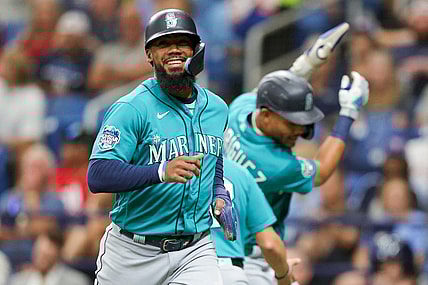 Sep 9, 2023; St. Petersburg, Florida, USA;  Seattle Mariners right fielder Teoscar Hernandez (35) celebrates after scoring a run against the Tampa Bay Rays in the first inning at Tropicana Field. Mandatory Credit: Nathan Ray Seebeck-USA TODAY Sports