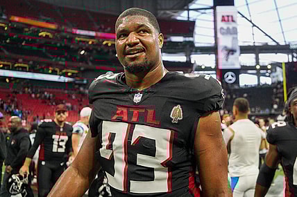 Sep 10, 2023; Atlanta, Georgia, USA; Atlanta Falcons defensive tackle Calais Campbell (93) celebrates after a victory against the Carolina Panthers at Mercedes-Benz Stadium. Mandatory Credit: Brett Davis-USA TODAY Sports