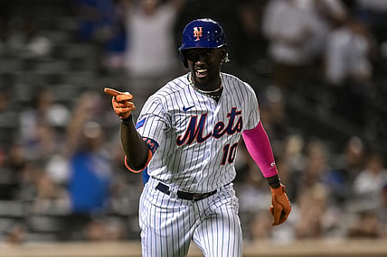 Sep 12, 2023; New York City, New York, USA; New York Mets shortstop Ronny Mauricio (10) reacts after hitting a two run home run against the Arizona Diamondbacks during the fourth inning at Citi Field. Mandatory Credit: John Jones-USA TODAY Sports