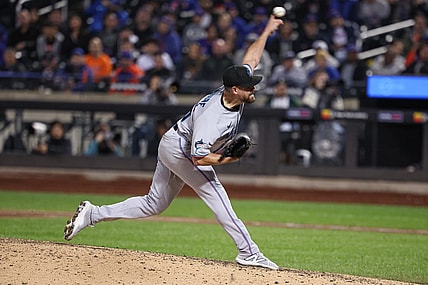 Sep 27, 2023; New York, NY, USA; Miami Marlins relief pitcher Matt Moore (45) delivers a pitch during the ninth inning against the New York Mets during the eighth inning at Citi Field.  Mandatory Credit: Vincent Carchietta-USA TODAY Sports