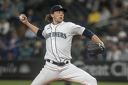 Sep 28, 2023; Seattle, Washington, USA; Seattle Mariners starter Logan Gilbert (36) delivers a pitch during the first inning against the Texas Rangers at T-Mobile Park. Mandatory Credit: Stephen Brashear-USA TODAY Sports