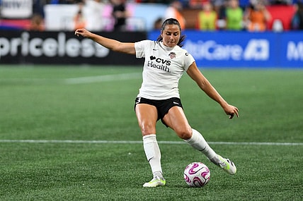 Oct 6, 2023; Seattle, Washington, USA; Washington Spirit defender Sam Staab (3) takes a free kick during the second half against OL Reign at Lumen Field. Mandatory Credit: Steven Bisig-USA TODAY Sports