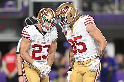 Oct 23, 2023; Minneapolis, Minnesota, USA; San Francisco 49ers running back Christian McCaffrey (23) and tight end George Kittle (85) react after a touchdown by McCaffrey against the Minnesota Vikings during the third quarter at U.S. Bank Stadium. Mandatory Credit: Jeffrey Becker-USA TODAY Sports