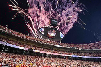Oct 12, 2023; Kansas City, Missouri, USA; A general view of fireworks exploding prior to a game between the Kansas City Chiefs and Denver Broncos at GEHA Field at Arrowhead Stadium. Mandatory Credit: Denny Medley-USA TODAY Sports