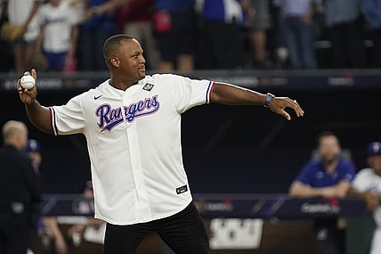 Oct 28, 2023; Arlington, TX, USA; Former Texas Rangers player Adrian Beltre throws out the ceremonial first pitch before the game between the Texas Rangers and the Arizona Diamondbacks in game two of the 2023 World Series at Globe Life Field. Mandatory Credit:Raymond Carlin III-USA TODAY Sports