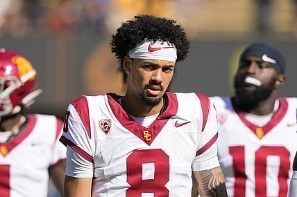 Oct 28, 2023; Berkeley, California, USA; USC Trojans quarterback Malachi Nelson (8) before the game against the California Golden Bears at California Memorial Stadium. Mandatory Credit: Darren Yamashita-USA TODAY Sports