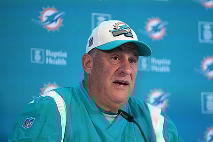 Nov 2, 2023; Frankfurt, Germany; Miami Dolphins defensive coordinator Vic Fangio at press conference at the PSD Bank Arena. Mandatory Credit: Kirby Lee-USA TODAY Sports