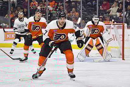Nov 4, 2023; Philadelphia, Pennsylvania, USA; Philadelphia Flyers left wing Noah Cates (27) against the Los Angeles Kings at Wells Fargo Center. Mandatory Credit: Eric Hartline-USA TODAY Sports