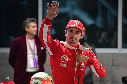 Nov 17, 2023; Las Vegas, Nevada, USA; Scuderia Ferrari driver Charles LeClerc of Monaco (16) celebrates after securing pole position during qualifying at Las Vegas Strip Circuit. Mandatory Credit: Gary A. Vasquez-USA TODAY Sports