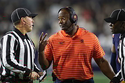 Nov 18, 2023; Atlanta, Georgia, USA; Syracuse Orange head coach Dino Babers talks to a referee against the Georgia Tech Yellow Jackets in the first half at Bobby Dodd Stadium at Hyundai Field. Mandatory Credit: Brett Davis-USA TODAY Sports