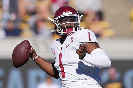 Nov 11, 2023; Berkeley, California, USA; Washington State Cougars quarterback Cameron Ward (1) passes against the California Golden Bears during the first quarter at California Memorial Stadium. Mandatory Credit: Darren Yamashita-USA TODAY Sports