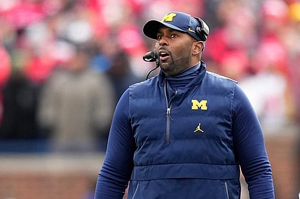 Nov 25, 2023; Ann Arbor, Michigan, USA; Michigan Wolverines interim head coach Sherrone Moore talks on the sideline during the NCAA football game against the Ohio State Buckeyes at Michigan Stadium. Ohio State lost 30-24.