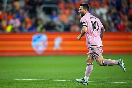 Inter Miami CF forward Lionel Messi (10) celebrates a goal in the first period of extra time of a U.S. Open Cup semifinal match between Inter Miami and FC Cincinnati, Wednesday, Aug. 23, 2023, at TQL Stadium in Cincinnati.