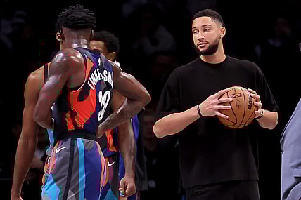 Nov 30, 2023; Brooklyn, New York, USA; Brooklyn Nets injured guard Ben Simmons (10) holds a basketball on the court during a time out during the third quarter against the Charlotte Hornets at Barclays Center. Mandatory Credit: Brad Penner-USA TODAY Sports
