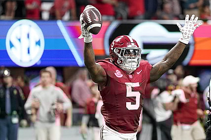 Dec 2, 2023; Atlanta, GA, USA; Alabama Crimson Tide running back Roydell Williams (5) reacts against the Georgia Bulldogs during the second half in the SEC Championship game at Mercedes-Benz Stadium. Mandatory Credit: Dale Zanine-USA TODAY Sports