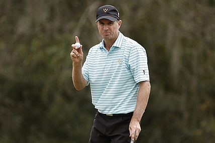 Dec 10, 2023; Bradenton, Florida, USA; Team International s Steven Alker reacts to an eagle putt on the eighth hole during their afternoon round at The Concession Golf Club. Mandatory Credit: Jeff Swinger-USA TODAY Sports