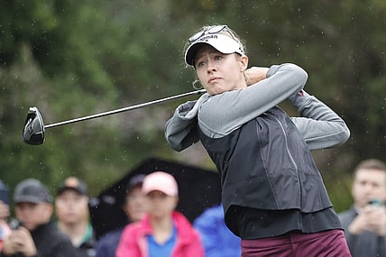 Dec 16, 2023; Orlando, Florida, USA; Nelly Korda plays her shot from the sixth tee during the PNC Championship at The Ritz-Carlton Golf Club. Mandatory Credit: Reinhold Matay-USA TODAY Sports