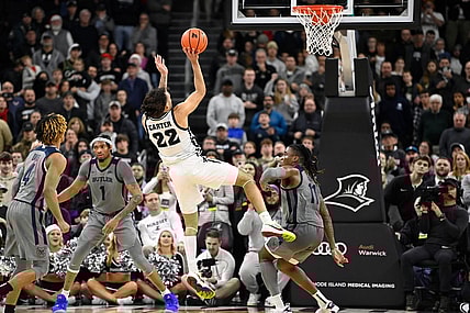 Dec 23, 2023; Providence, Rhode Island, USA; Providence Friars guard Devin Carter (22) shoots the ball against the Butler Bulldogs during overtime at Amica Mutual Pavilion. Mandatory Credit: Eric Canha-USA TODAY Sports